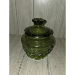 VTG Crinkle Glass Avacado Green Lidded Canister Apothecary Potion Jar Candy Dish